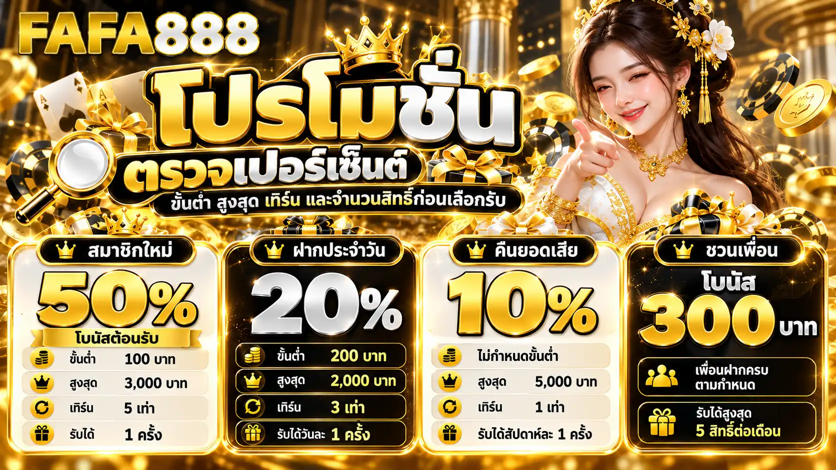 โปรโมชั่น fafa888 สมาชิกใหม่ 50% ฝากประจำวัน 20% คืนยอดเสีย 10% และชวนเพื่อนรับโบนัส 300 บาท